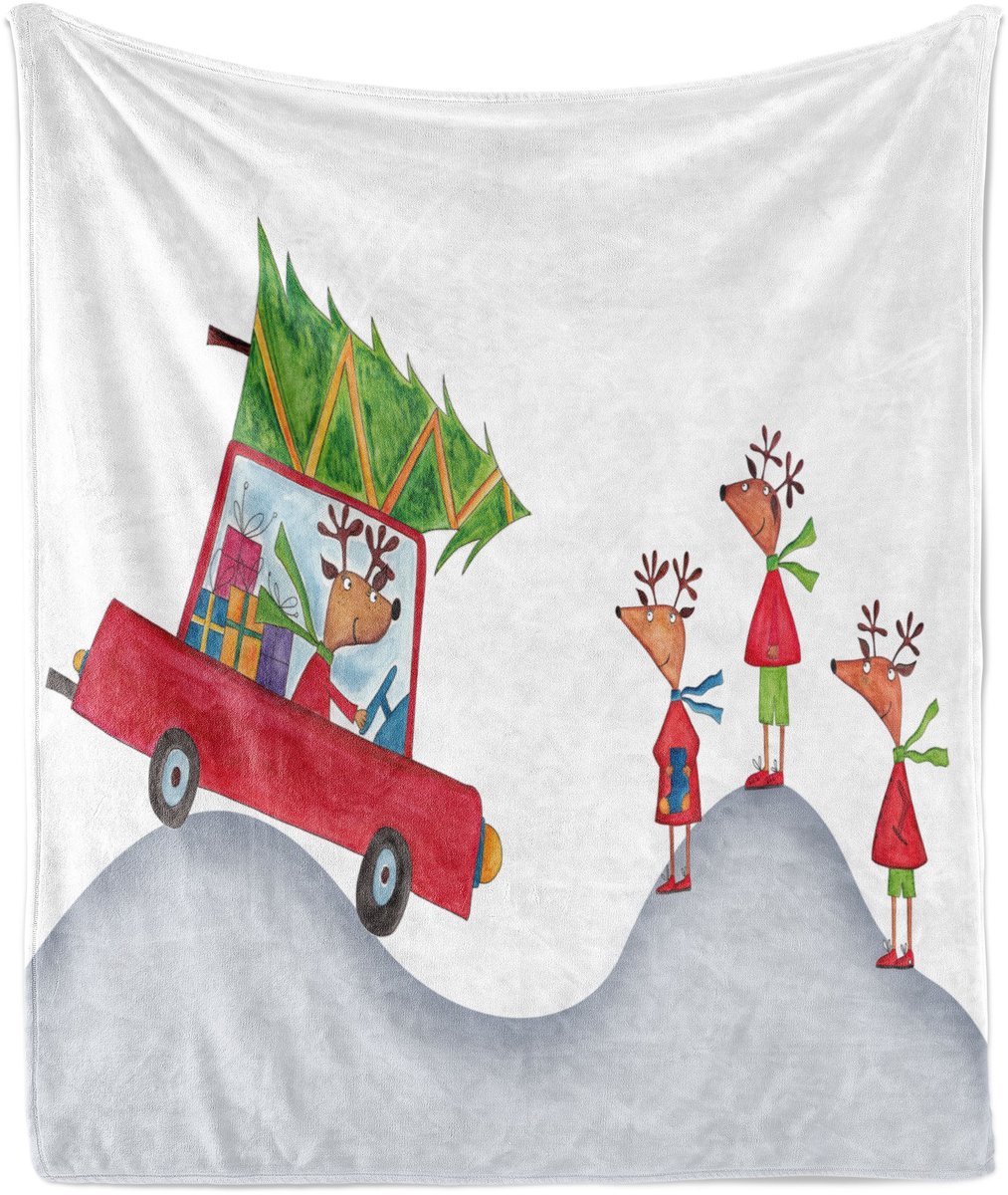 ABAKUHAUS Kerstdeken van zacht flanellen fleece, rendierfamilie, knusse pluche plaid, 175 x 230 cm, grijs wit