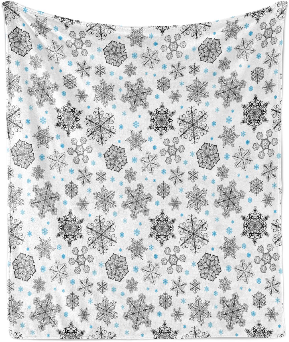 ABAKUHAUS Zachte Flanellen Fleece Deken met Sneeuwvlokken, Kantstijl, Winterse, Gezellige Pluche Plaid, 125 x 175 cm, Blauw Zwart Wit