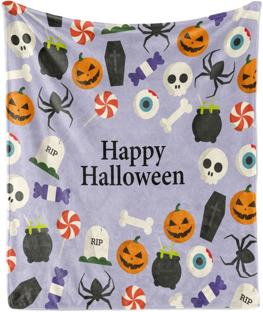 ABAKUHAUS Halloween zachte flanellen fleece deken, griezelige symbolen en snoep, knusse pluche plaid, 125 x 175 cm, pastelpaars meerkleurig