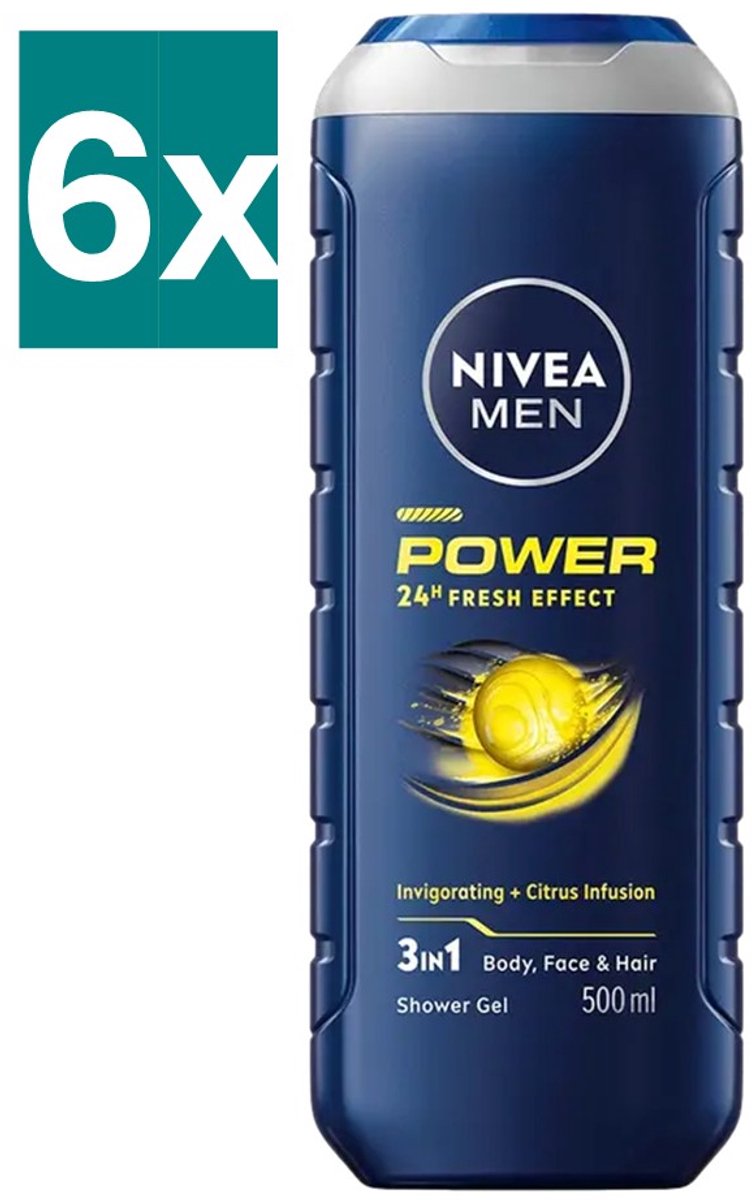 NIVEA MEN Power fresh Douchegel - 3-in-1 Shower Gel - Shampoo - Voordeelverpakking - 6 x 500 ml