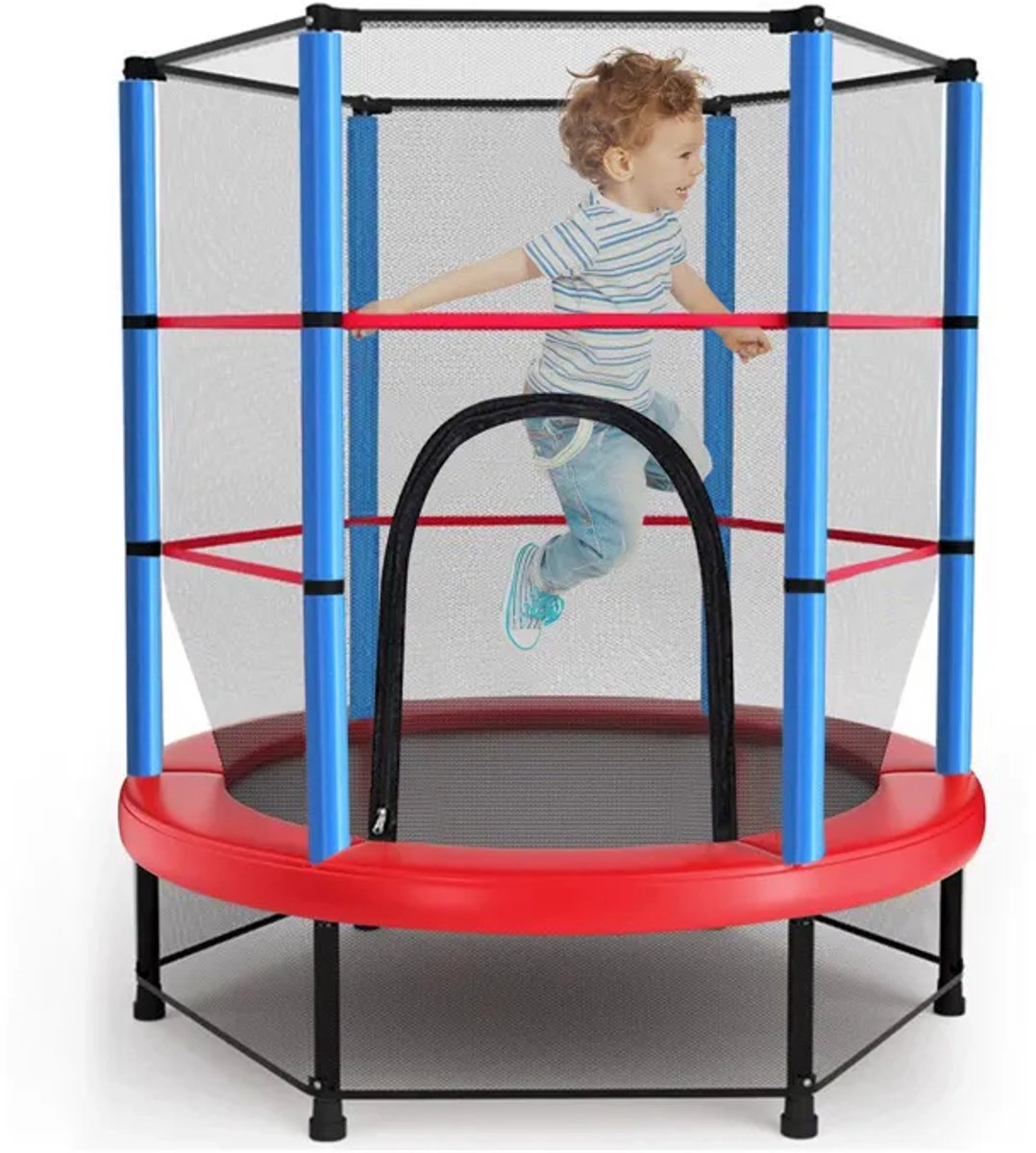 Trampoline Ø140 cm – Kinder Trampoline voor Binnen en Buiten – met Verhoogd Veiligheidsnet en Stalen Frame – Blauw/Rood
