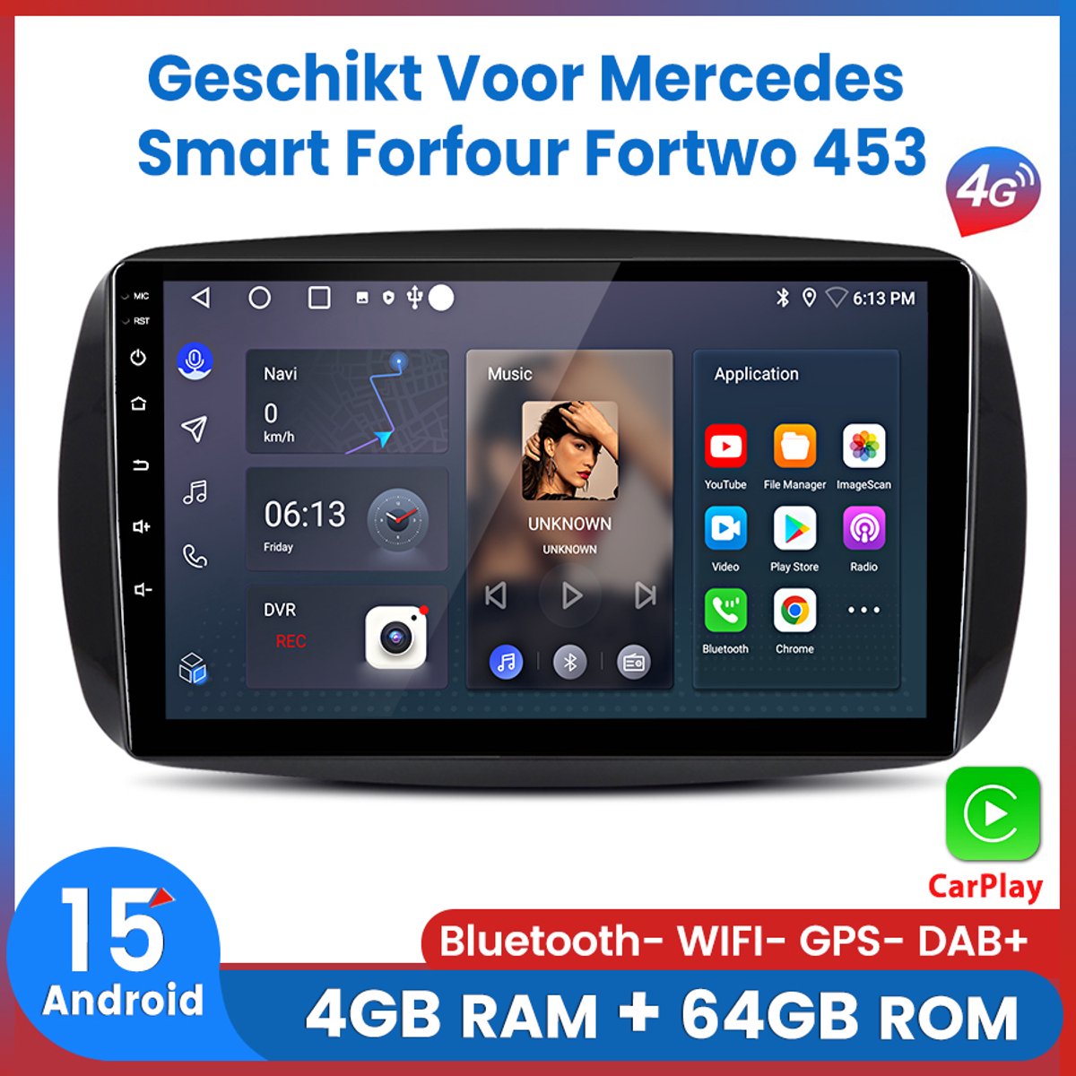 Awesafe 4+64G V1PRO 8 Kern (Core) Autoradio - Geschikt Voor Mercedes Smart Forfour Fortwo 453 2015 t/m 2022 - Draadloos Apple Carplay & Android auto - GPS Navigatie 4G WIFI - Bluetooth & Wifi - Ondersteuning invoegen 4G SIM - 2015 2016 2017 2018 2019