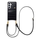 Selencia Hoesje - Geschikt voor Samsung Galaxy S26 - Croco Backcover met koord en pashouder - Zwart