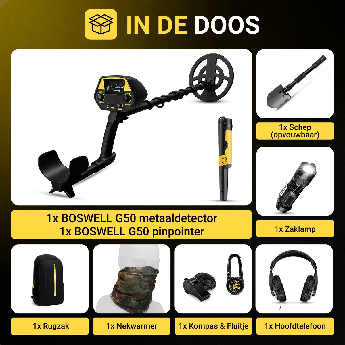 BOSWELL Metaaldetector - Pinpointer - Metaaldetector voor Kinderen en Volwassenen - Metaaldetector Kind - Verstelbare Hoogte - Incl. Pinpointer, Rugzak, Zaklamp, Verrekijker, Schep, Hoofdtelefoon — afbeelding 6