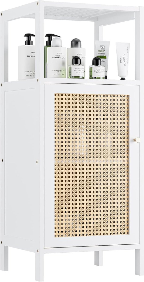 Bamboe Vloerkast, Badkamer Opbergrek Rek met Enkele Rotan Deur en 1 Plank