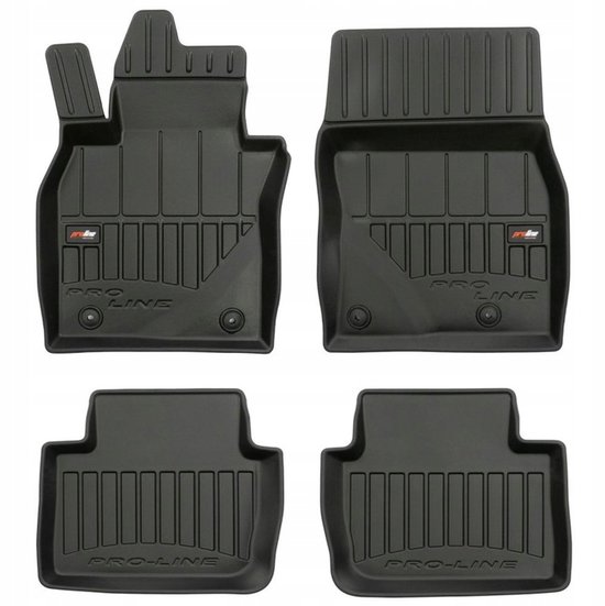 Set van vier zwarte Proline automatten, elk met ribbelpatroon.