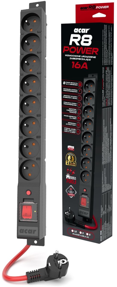 Acar R8 POWER - Stekkerdoos - 3m - 16A - 3680W - Zwart