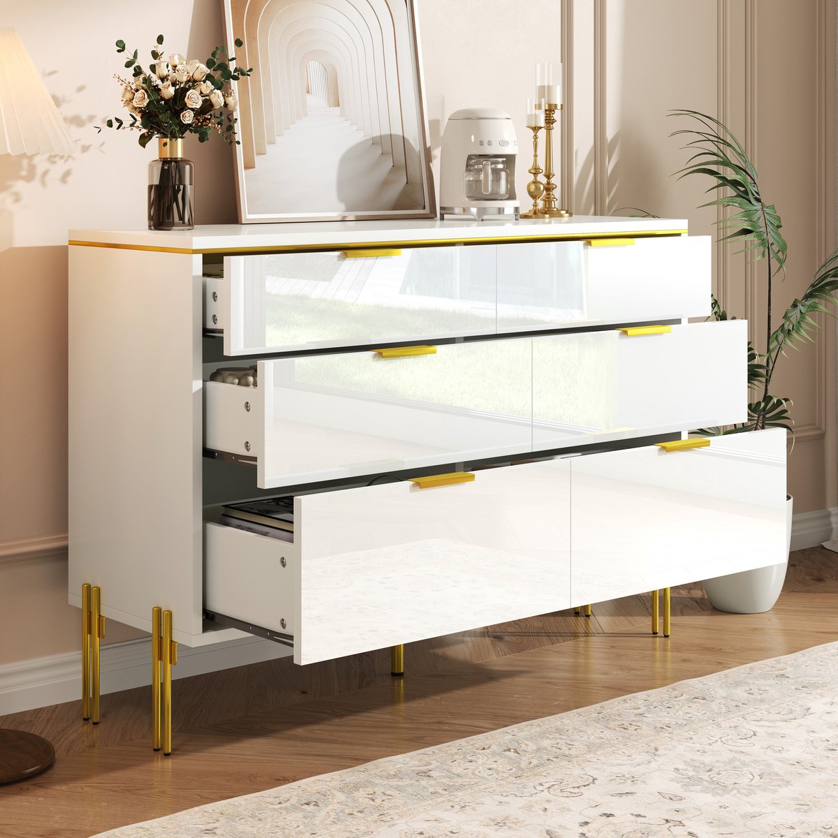 Moderne kast met zes lades - wit en goud - hoogglanspanelen - grote opslagcapaciteit - geschikt voor woonkamer - eetkamer en hal