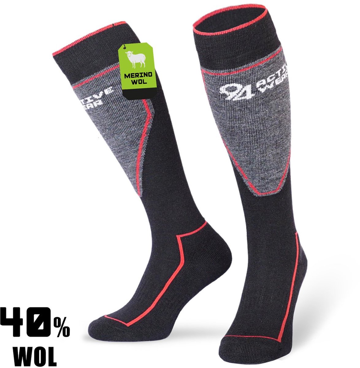 Premium Skisokken Heren Merino Wol 1-paar Thermo Skisokken Wintersportsokken – 94Activewear Zwart