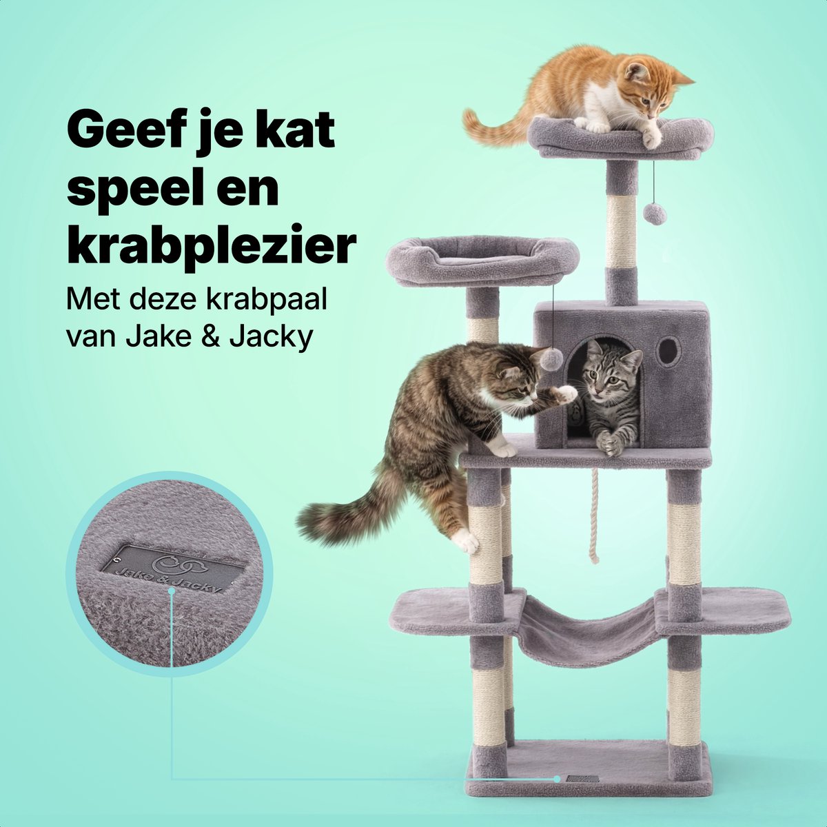 Jake and Jacky Krabpaal voor Katten - Kattenkrabpaal - Krabmeubel - Kattenboom - Krabpalen - Kattenhuis - Lichtgrijs - 147 cm Hoog – foto 2