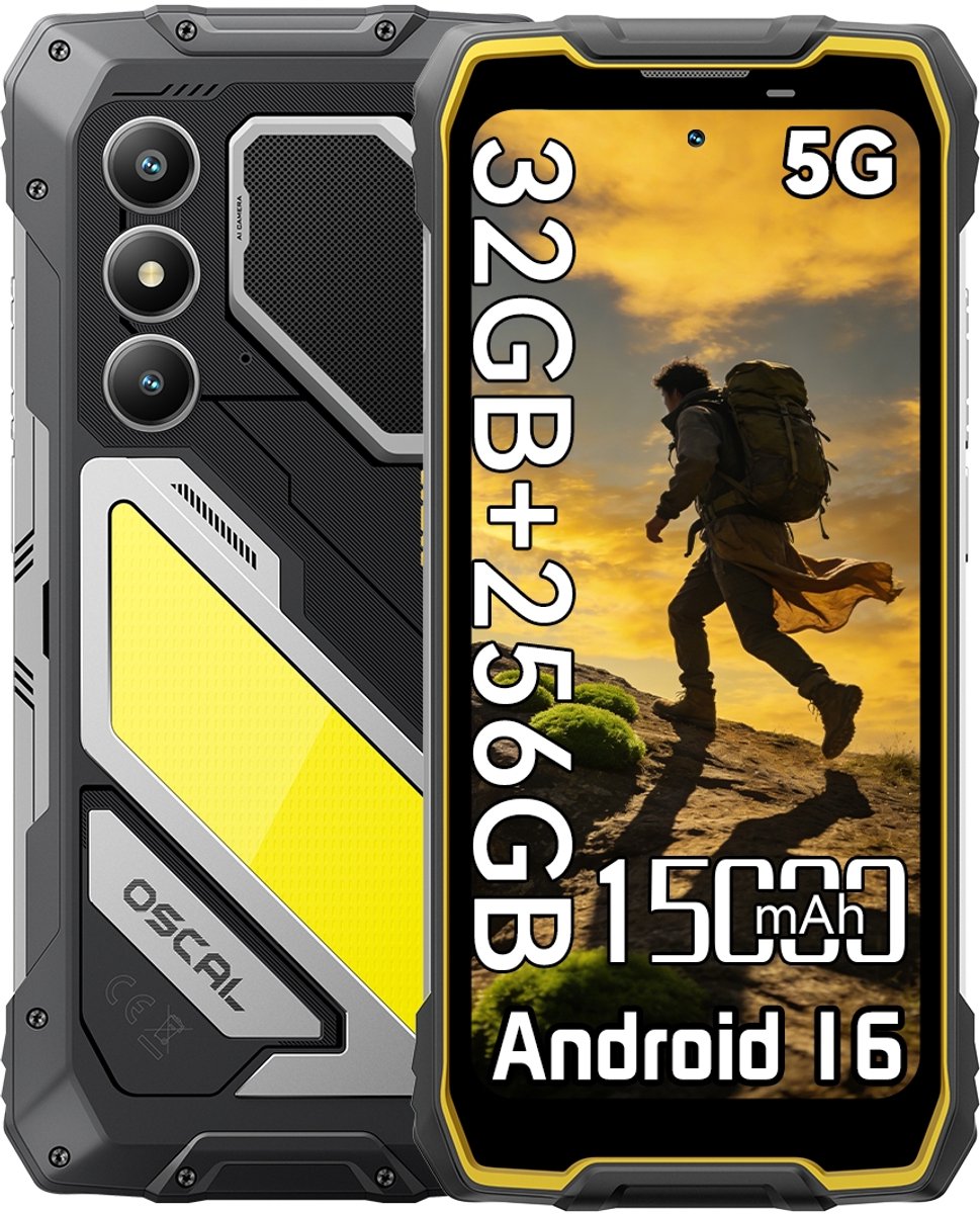 OSCAL PILOT 5 - Robuuste Smartphone - 5G - 36GB RAM - 256GB ROM - 6.67 inch 120Hz - 15000mAh Robuuste Telefoon - Android 16 - NFC - GPS - Geel