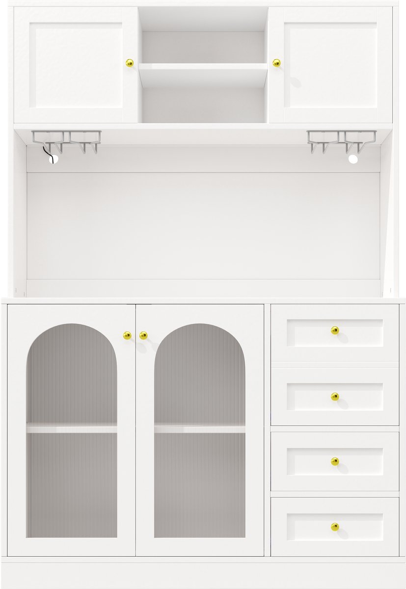 in& out door furniture Sideboard / Opbergkast / Keukenkast / Buffetkast, 120x40x188cm, Landelijke stijl, 4 deuren, met LED-verlichting & flessenhouders, Wit
