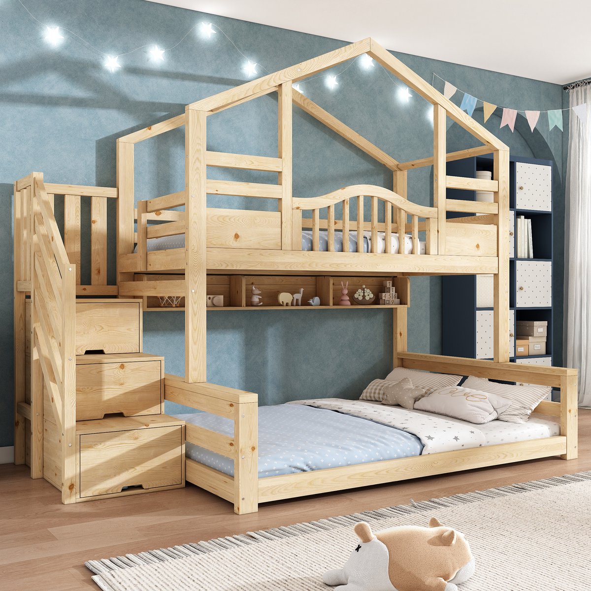 STILVORA Stapelbed 90x200 Cm En 140x200 Cm – Huisbed Met Trapkast – Opbergruimte Met Planken – Voor Kinderen En Gezin – Houtlook Landelijk – Zonder Matras – Naturel Beige Natuurlijk