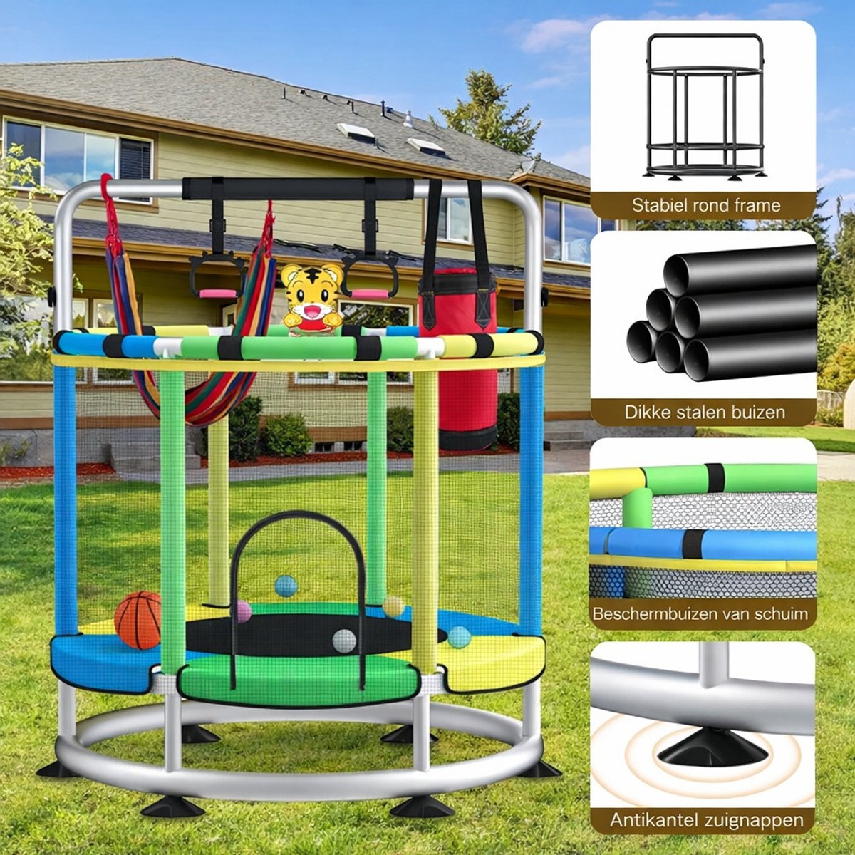 Trampoline Ø150 cm – Multifunctionele Kinder Trampoline met Basketbalring- Ringen en Hangmat – Stalen Frame – Meerkleurig — afbeelding 8