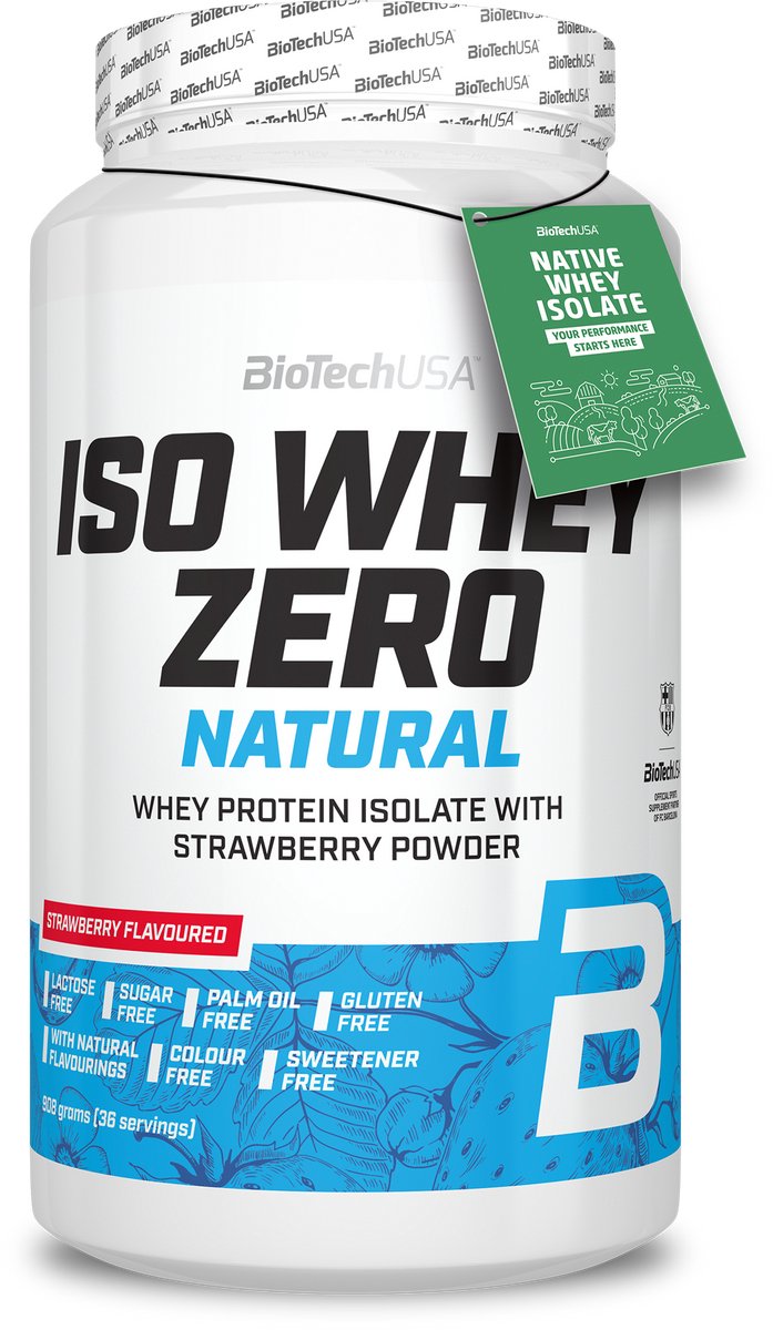 BioTechUSA Iso Whey Zero Natural Eiwitpoeder | 80% Eiwit | Natuurlijk gearomatiseerd | Glutenvrij | Lactosevrij | Geen toevoegingen | Geen kleurstoffen | 908 g | Aardbei