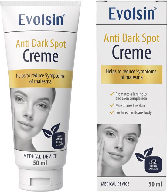 Tube en doosje Evolsin anti-donkere vlekken crème met afbeelding van een vrouw.