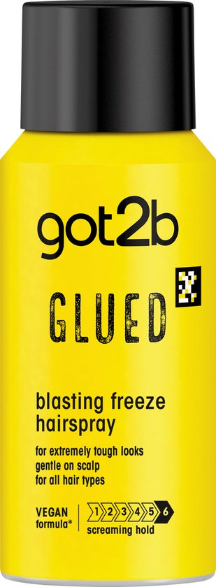 Gele Got2b Glued haarlak spray met zwarte dop, vegan formule, 72 uur fixatie.