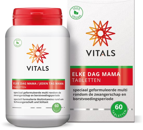 Een pot en een doos Vitals 'Elke Dag Mama / Jede Tag Mama' tabletten. Beide met een rode dop en de tekst 'speciaal geformuleerde multi'.