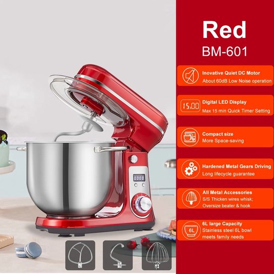 Lunekiss 6L keukenmixer met 1200W stille DC‑motor, 6 snelheden, LED‑timer, RVS mengkom en accessoires - Rood van Merkloos — afbeelding 2