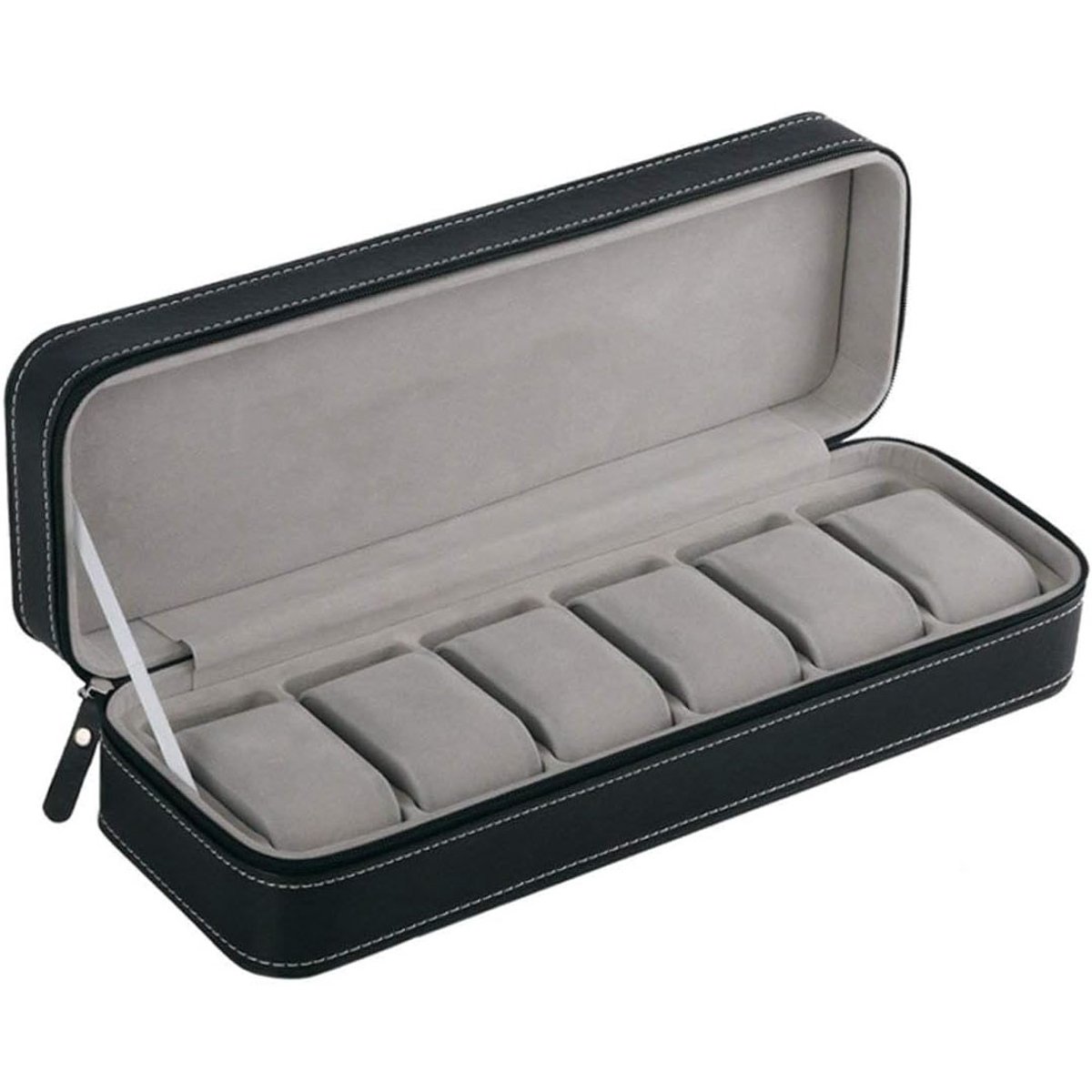Horlogedoos met 6 vakken - Draagbare sieraden organizer met ritssluiting voor op reis - Sieradendoos - Luxe horlogedoos - Horlogedisplaydoos met deksel - Horlogeopbergdoos - Sieradenopbergdoos - 36cm x 9.5cm x 14.5cm