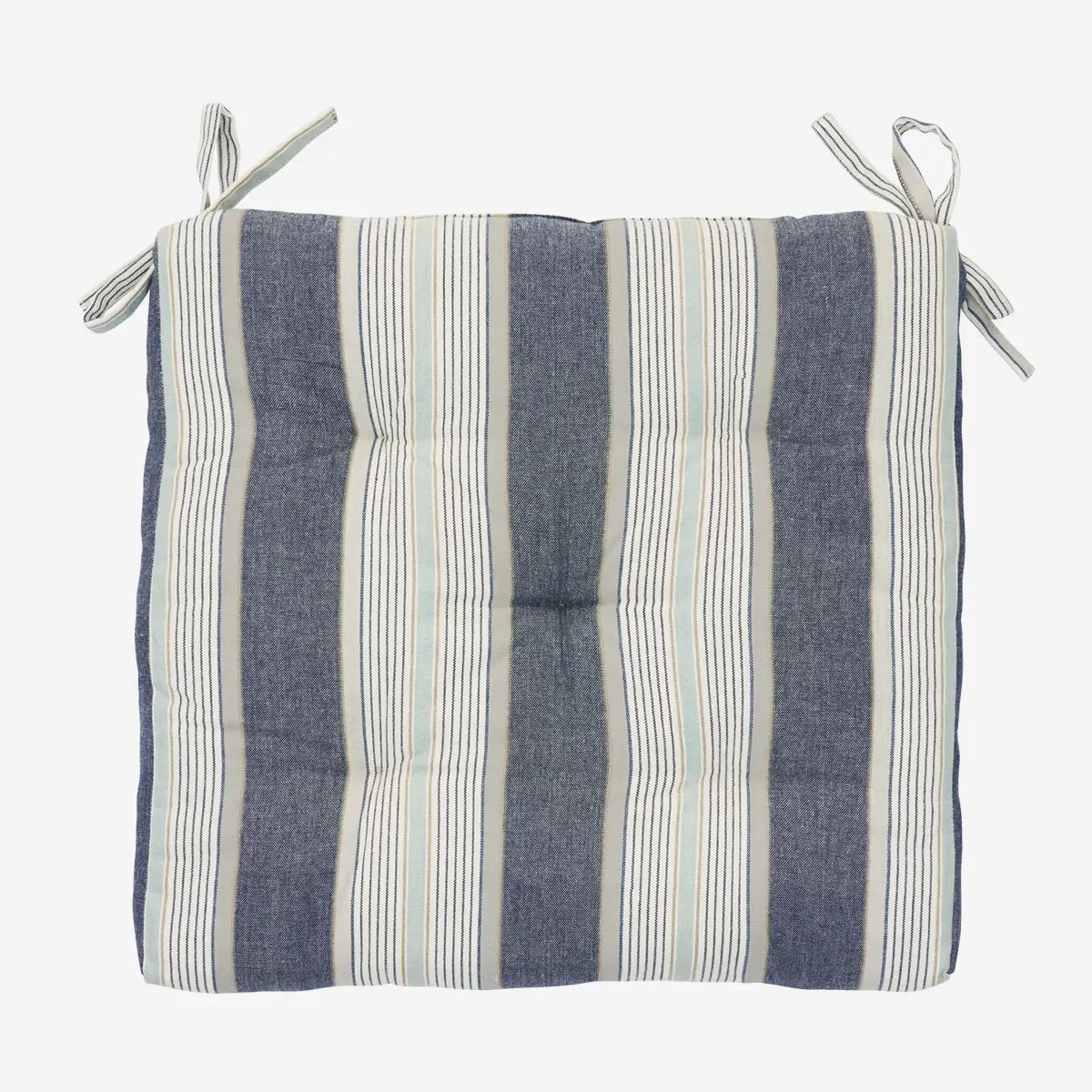 Madam Stoltz - Gestreept katoenen zitkussen 45x45cm - Blauw/wit/grijs