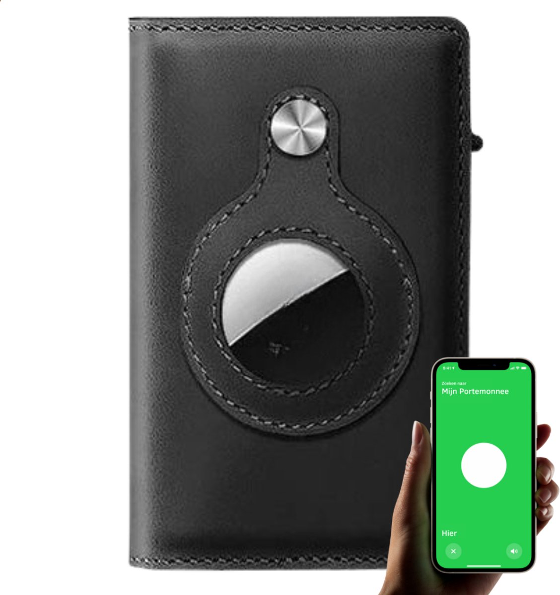 BRAQLY Wallet geschikt voor Airtag - Zwart - Luxe Portemonnee - Pasjeshouder uitschuifbaar voor heren en dames - Kaarthouder met geldvak - 9 Pasjes opbergen - Leer