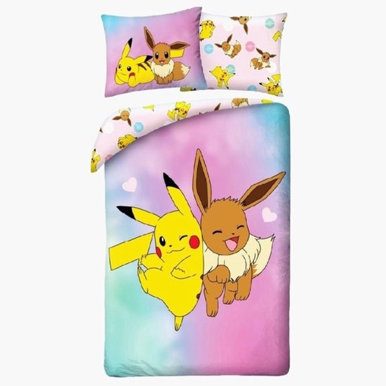 Roze, turquoise en blauwe dekbedovertrek met Pikachu en Eevee, met kussensloop met patroon.