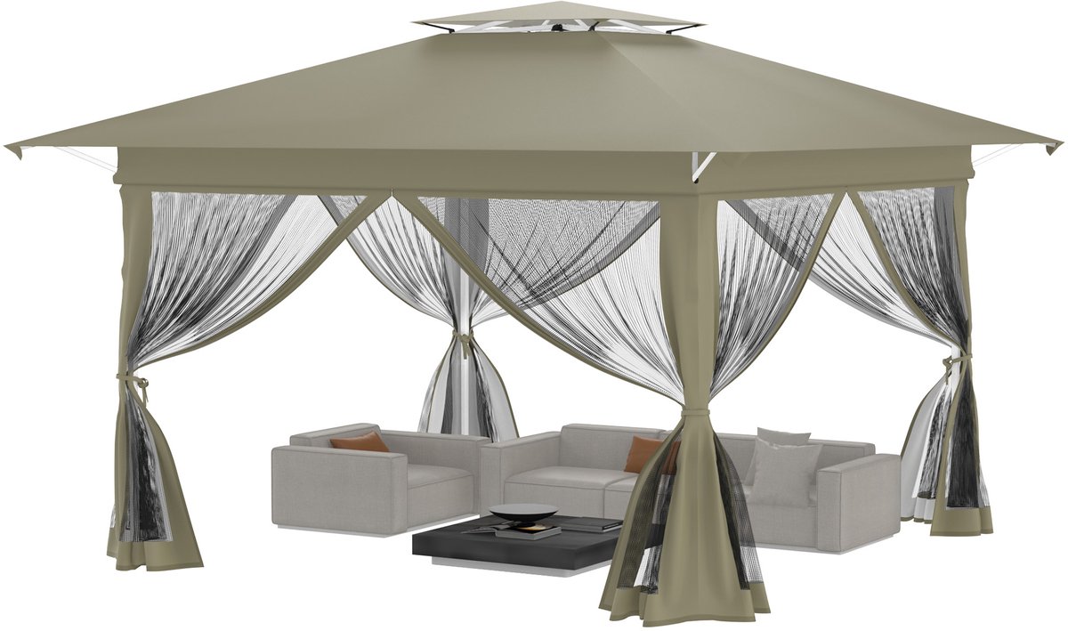 Aufun 4x4m Pop-up Vouwpaviljoen - Dubbele Bescherming - Muggennet & Afneembare Zijpanelen - Metalen Gazebo voor Tuin, Feest en Marktstand - Khaki