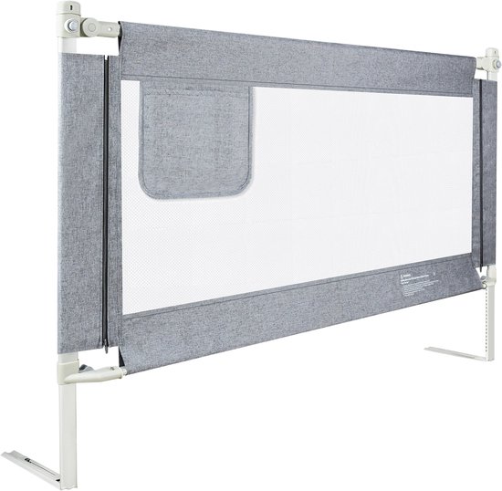 Barrière de lit grise avec cadre blanc, panneau en maille et poche en tissu.