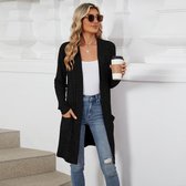 Damesvest, lang en lichtgewicht gebreid, elegant gebreid jasje, casual trui met open voorkant en zakken Zwart M