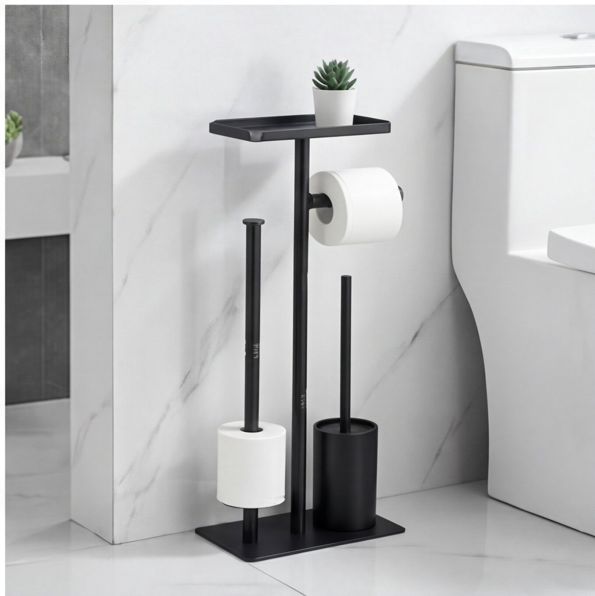 4-in-1 Toiletaccessoire Set - Staande Toiletrolhouder met Reserverolhouder, Toiletborstel en Opbergplateau - Modern Design zwart 24x16.8x58 cm, Compact en Ruimtebesparend