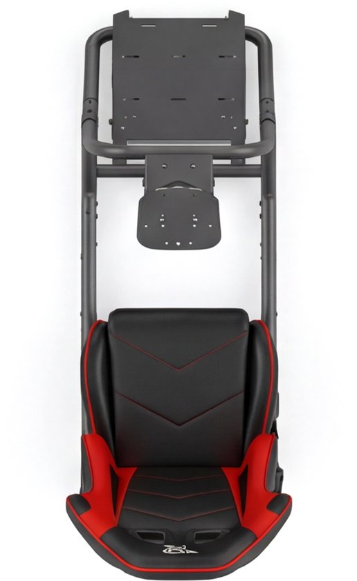 Bovenaanzicht van een zwart-rode racestoel op een simulatorenrek, met een stuur- en tabletbevestiging bovenaan.
