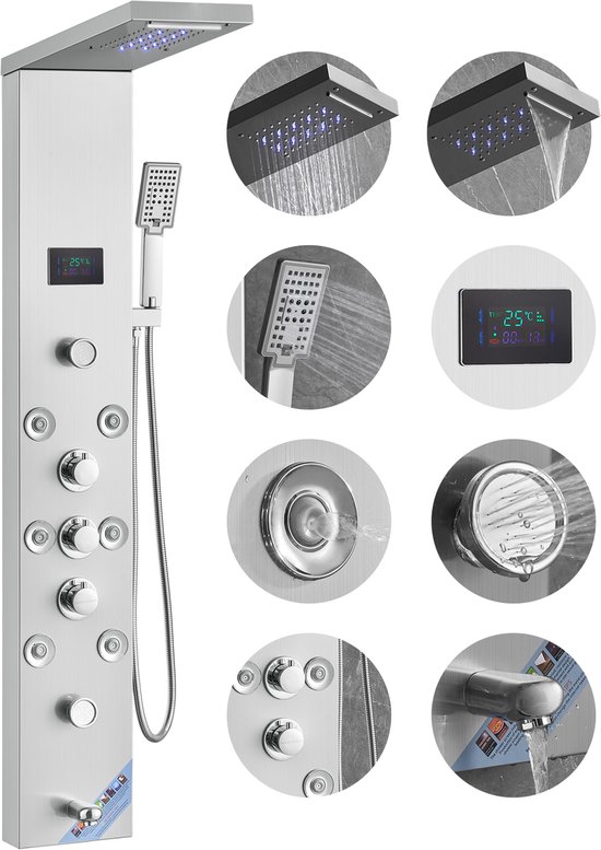 Gedetailleerd RVS douchepaneel met diverse douchefuncties en LED display.