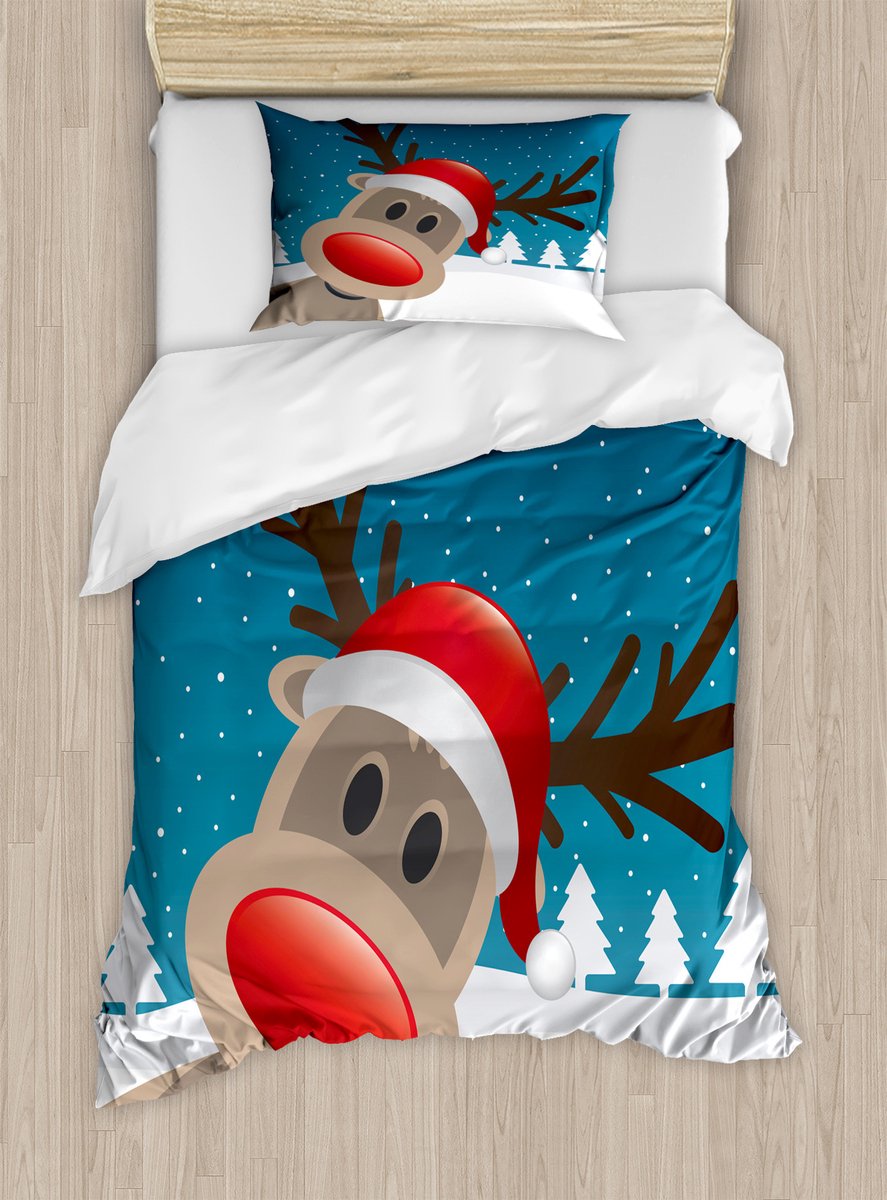 ABAKUHAUS Kerstdekbedovertrekset voor eenpersoonsbedden, Noel Fun kinderkamer cartoon, inclusief kussensloop, 130 x 200 cm