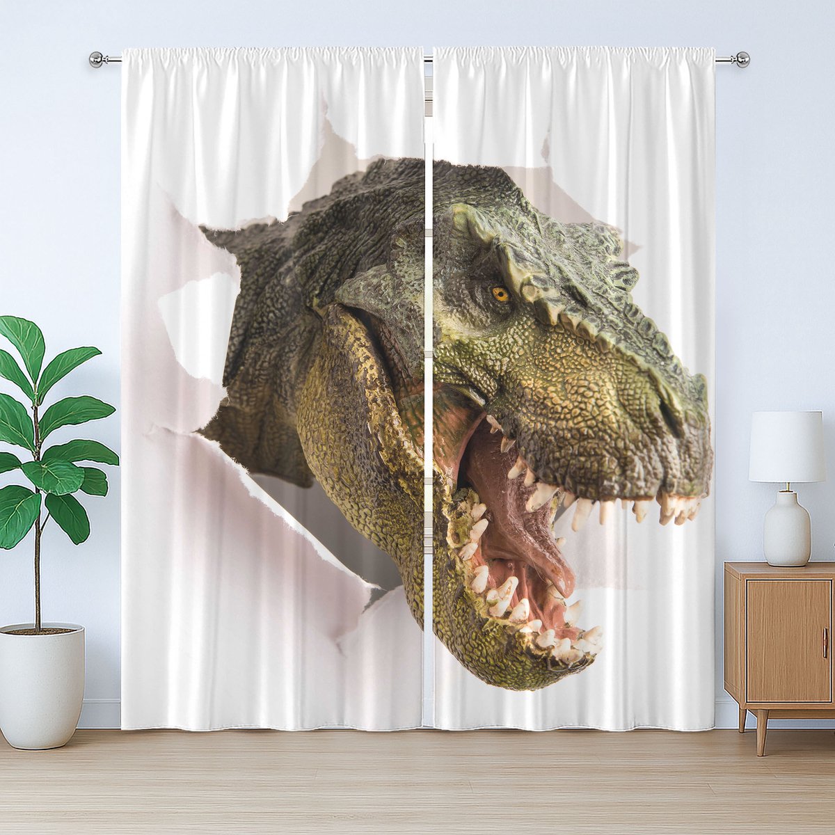 ABAKUHAUS Rustiek dinosaurusgordijn, dinosaurus die papier scheurt, slaapkamergordijn met lussen en haken, 280 x 225 cm, legergroen wit groen