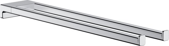 Porte-serviettes double chromé aux formes épurées et rectangulaires.