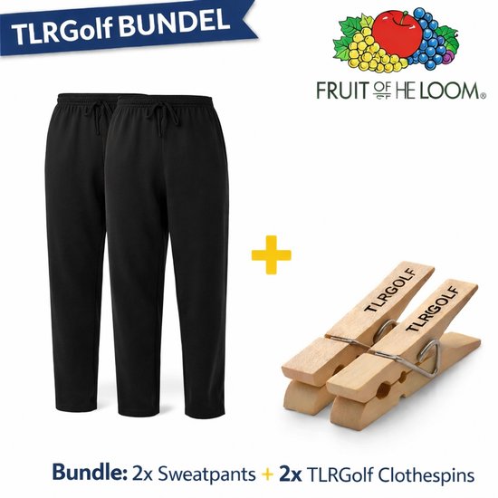 Bundle met 2 zwarte joggingbroeken van Fruit of the Loom en 2 TLRGolf wasknijpers.
