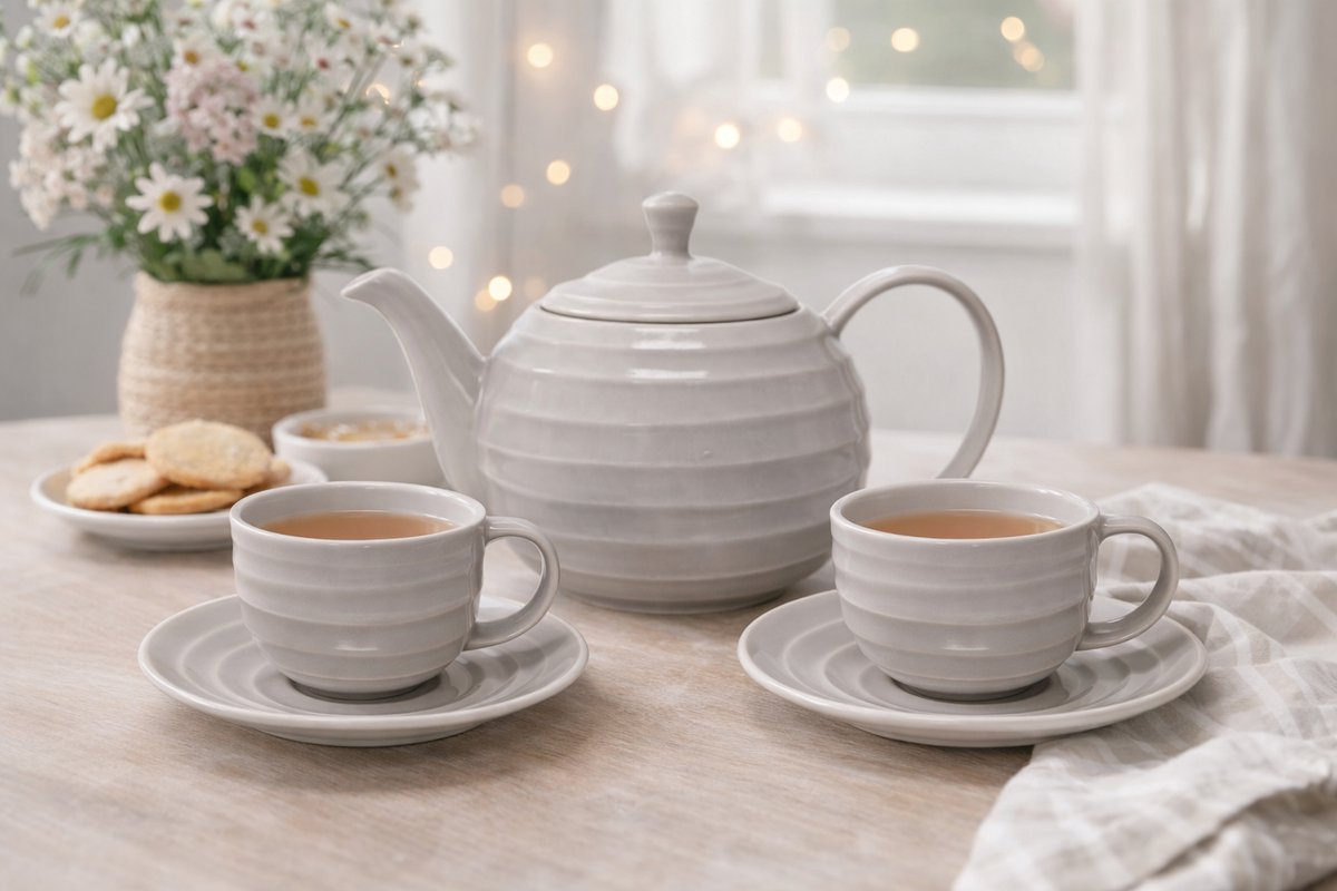 Theeset “Noble” – grijs – theepot 1000 ml met 2 kop & schotel – keramische theeservies set – elegant & stijlvol thee cadeau