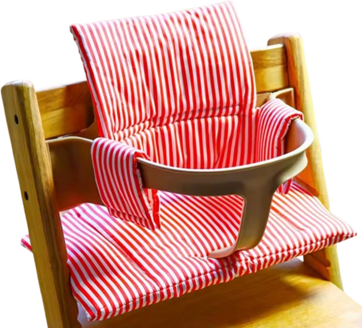 Stoelverkleiner rood gestreept - kussenset rood gestreept - stoelverkleiner voor stokke tripp trapp - kinderstoel verkleiner - stoel kussen