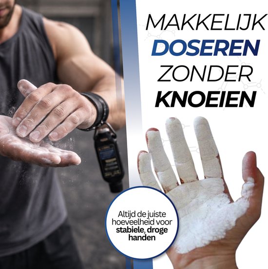 Mannenhanden met witte poeder en een flesje BvH 'Liquid Chalk'. Tekst: Altijd de juiste hoeveelheid voor stabiele, droge handen.