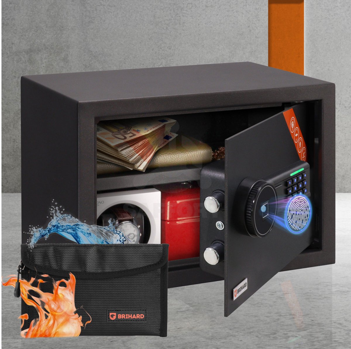 Brihard Family Biometric Black Pearl Safe - Elektronische Kluis met Vingerafdruk en Code - Meubelkluis voor A4 Documenten en Sieraden - Inclusief Brandwerende Tas en LED Verlichting - Inbraakwerende Privékluis - Zwart Satin