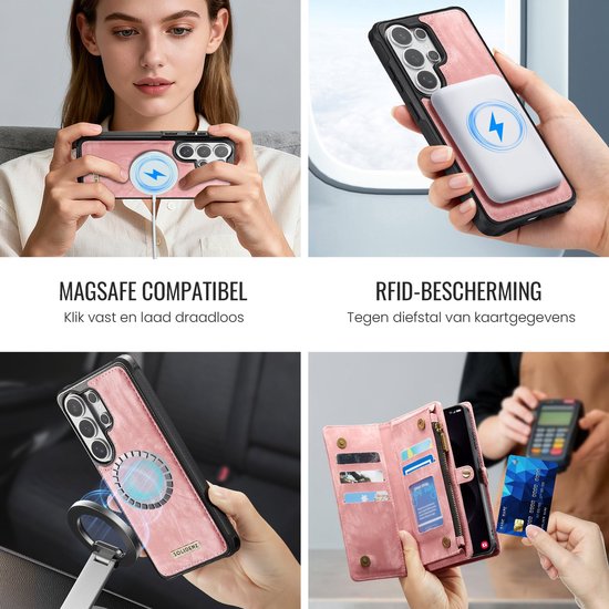 Demonstraties van roze telefoonhoesje: MagSafe compatibiliteit, RFID-bescherming, standaard en kaartvakken.