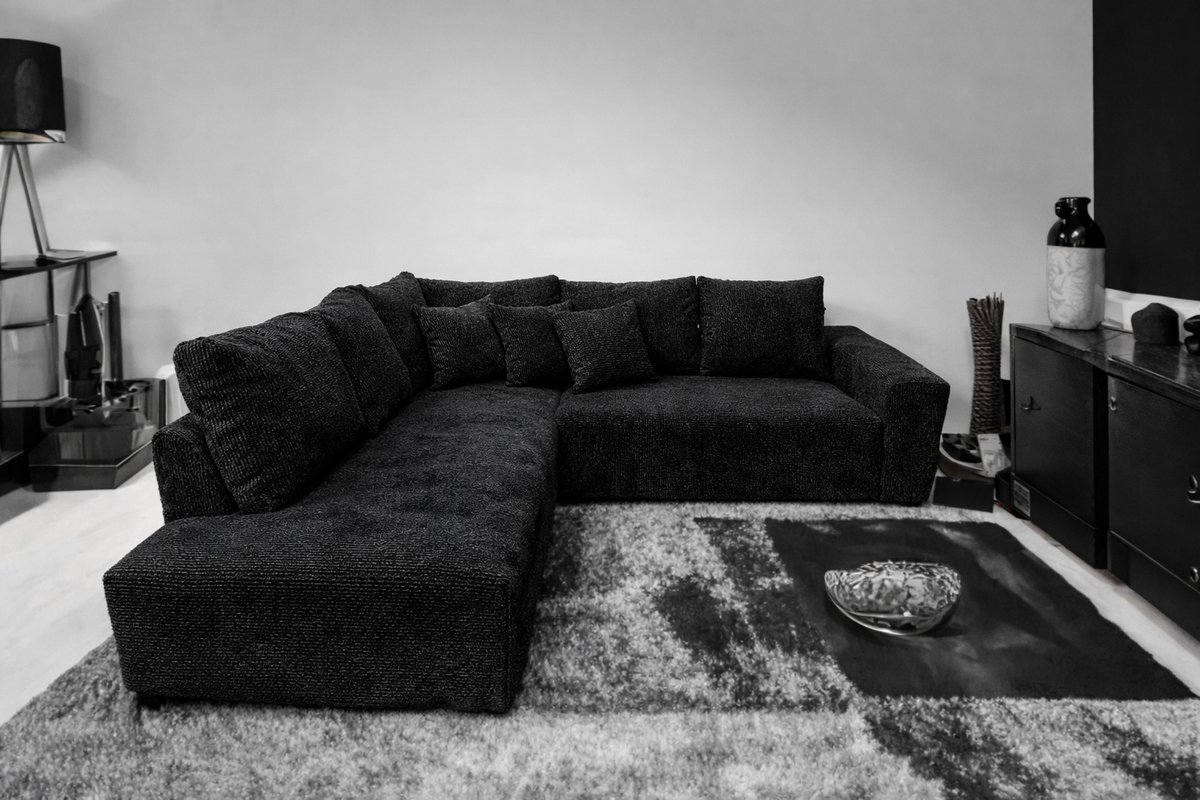 Moderne Hoekbank met Lounge Links – Koningstijl - Black Ribstof (Corduroy) – Inclusief Kussens – Comfortabele Zit- en Loungebank voor Woonkamer