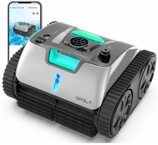 Grijze en witte robotzwembadreiniger met zwarte rupsbanden, met een smartphone die de robot toont.