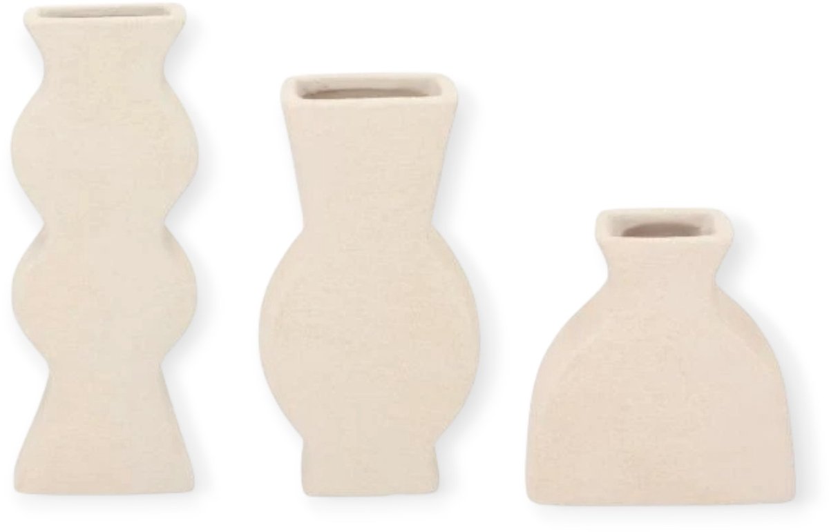 DK design Daan Kromhout - Vaas - Set van 3 - Organisch - Wit - Keramiek - Cementlook - 11/18/24 cm - Moderne Woondecoratie