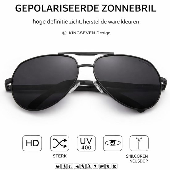 Zwarte Kingseven gepolariseerde zonnebril met HD lenzen, UV400 bescherming en sterke, scharnierende pootjes.