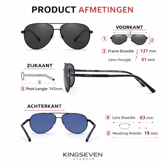 Gedetailleerde afmetingen van een zwarte Kingseven aviator zonnebril, met maten voor framebreedte, lenshoogte, pootlengte en neusbrug.