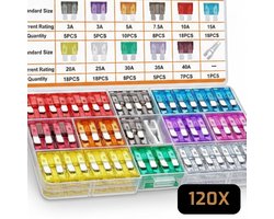 LUKARDIE® 120-delige Steekzekeringen Set – Inclusief Sorteerdoos & Trekker – Auto, Motor, Vrachtwagen & Camper – ATC/ATO Standaard – 2A t/m 40A Assortiment - Zekeringset