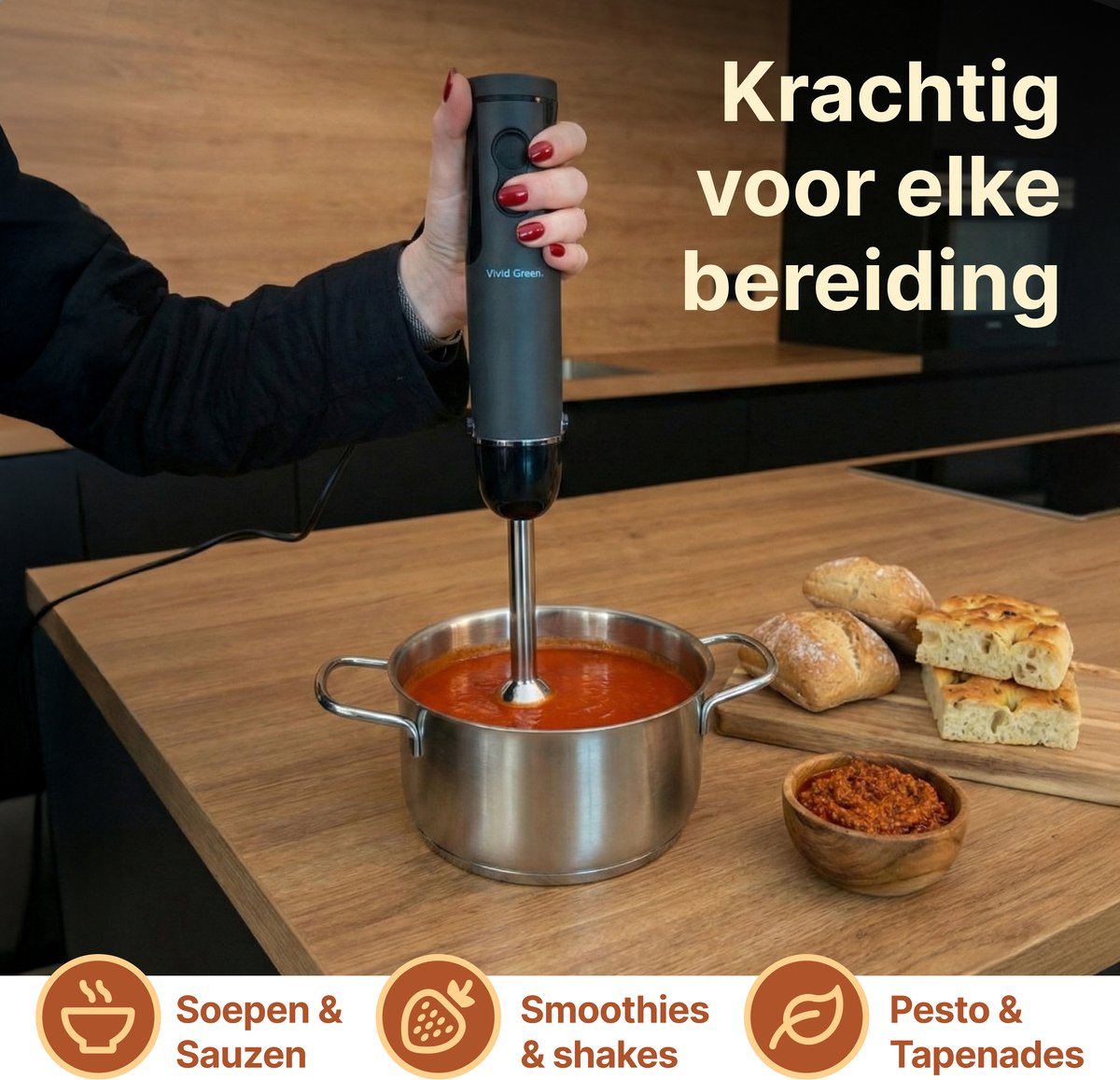 Staafmixer 5-in-1 Set - 1000W - Vaatwasserbestendig - Incl. Hakmolen, garde, melkopschuimer & Maatbeker - 12 Snelheden + Turbofunctie - Zwart - Vivid Green – foto 4