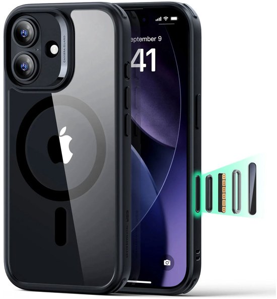 Zwart transparant hoesje voor iPhone met MagSafe-ring en camera-bediening.